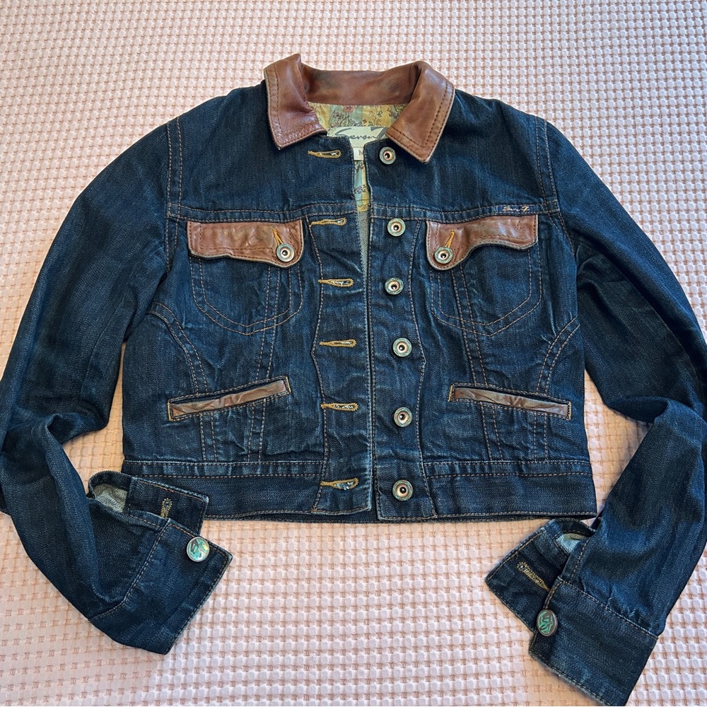Seven7 Dark Blue Denim Jacket with Brown Leather Trim